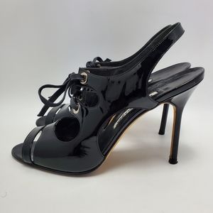 Manolo Blahnik Peep Toe Patent Leather Slingback Heels Pumps Black Size 39.5